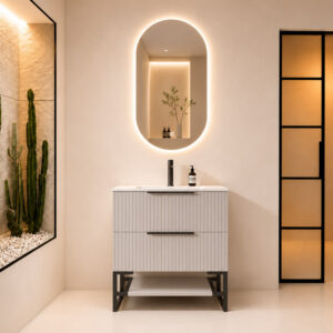 Modern 30 Inch Fluted Bathroom Vanity with Sink Combo, Freestanding Single Sink Cabinet with LED Oval Mirror, Soft Close Drawers & Open Shelf, Matte Black Metal Frame, Beige HSK001