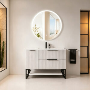 Modern Fluted Freestanding Bathroom Vanity with Sink & Open Shelf - White Single Sink Bathroom Cabinet with Soft Close Drawers HSK002