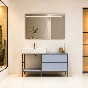 Light Blue Bathroom Vanity with Sink, 36 Inch Modern Freestanding Bathroom Cabinet with LED Mirror, Metal Frame & Open Shelf HSK004