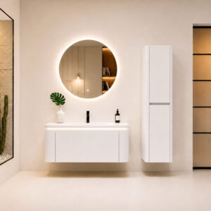 Modern Floating Bathroom Vanity Set with Round LED Mirror and Tall Storage Cabinet HYG226