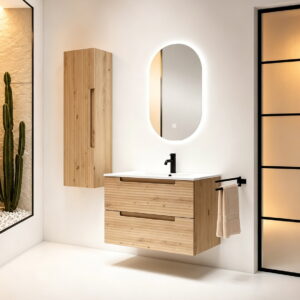 Minimalist Floating Bathroom Vanity with Double Drawer Storage, Wood Grain Bathroom Cabinet with LED Backlit Mirror HYG227