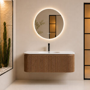 Nordic Modern Bathroom Vanity with Floating Ribbed Wood Cabinet and LED Mirror HYG228