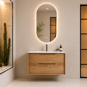 Scandinavian Style Wall Hung Bathroom Vanity Set with Soft Close Drawers and Backlit Oval Mirror HYG229