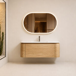 Luxury Modern Bathroom Vanity with Floating Design, Oak Wood Cabinet and LED Oval Mirror HYG230