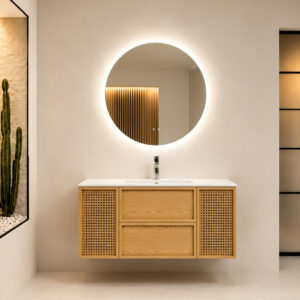 Premium Scandinavian Floating Vanity with Natural Oak Finish and Modern LED Bathroom Mirror HYG231