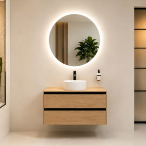 Elegant Floating Bathroom Sink Cabinet with Round LED Mirror, Space Saving Design HYG232
