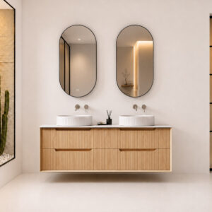 Floating Fluted Oak Double Bathroom Vanity with White Fluted Vessel Sinks, Wall-Mounted Bathroom Cabinet with 4 Drawers & Framed Oval Mirrors, Modern Japandi Bathroom Vanity Set HYG233